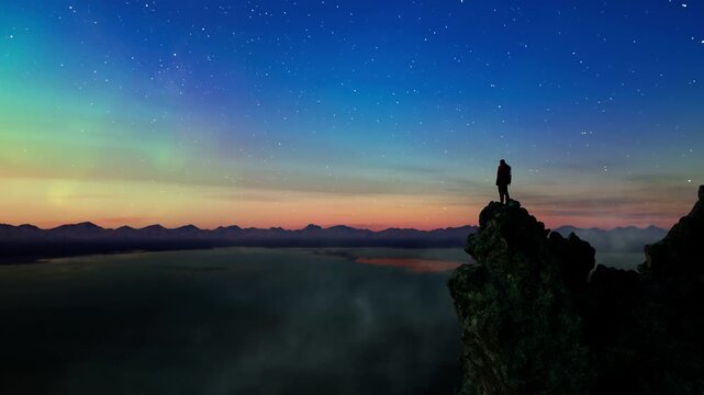 Stunning 3D Rendered Scene: Solo Figure on Mountain Peak with Aurora and Starry Night