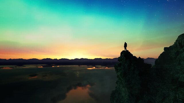 3D Rendered Scenic Landscape with Lone Figure on Cliff at Aurora Sunset