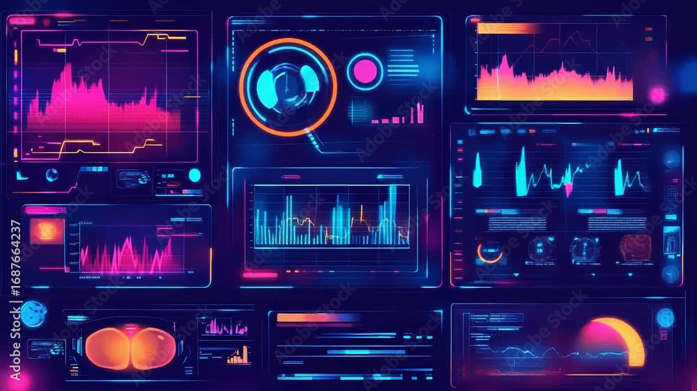 Poster futuristic control panel showing various data and information with charts and graphs