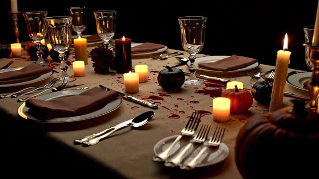Elegant autumn table setting with candles, pumpkins, and warm ambiance for seasonal celebration
