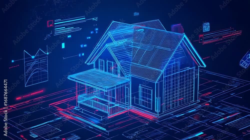 Poster futuristic blueprint of a modern house with glowing lines and data analysis