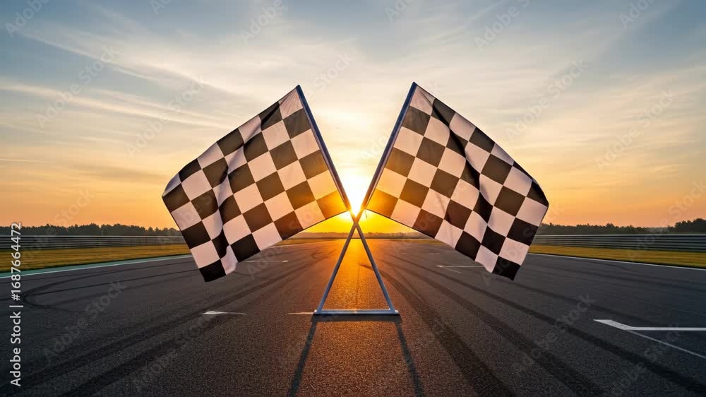 Poster checkered flags at sunset on racetrack - two checkered flags are crossed in the middle of a racetrac