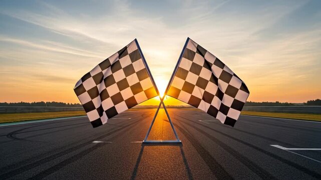 Checkered Flags at Sunset on Racetrack - Two checkered flags are crossed in the middle of a racetrack at sunset. The sun is setting behind the flags, casting a warm glow on the scene.