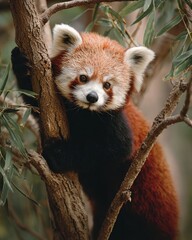 Naklejka premium Charming Red Panda Climbing Tree in Natural Habitat Outdoors