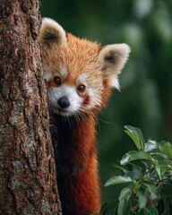 Playful Red Panda Peeking from Behind Tree in Lush Green Environment