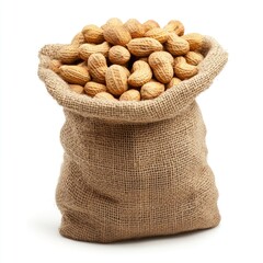 Brown healthy snack food: isolated bag of almonds, peanuts, and other natural dry nuts in a sack