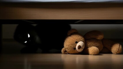 A teddy bear and a monster with glowing eyes under a bed creating a horror atmosphere, fear concept footage.
