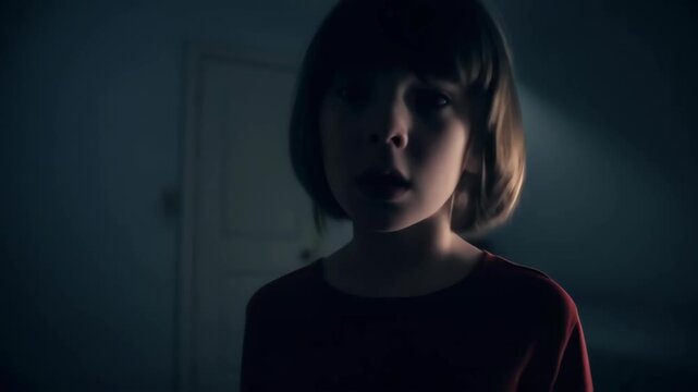 Child seeing scary monster under bed in dark bedroom with flashlight beam, horror concept, footage