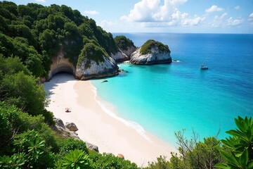 Secluded cove with pristine white sand and turquoise water, untouched by crowds, offering tranquility and natural beauty Perfect for relaxation and escape , idyllic, isolated beach, cove