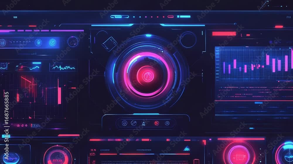 Poster futuristic head up display showing charts, graphs, and data visualizations