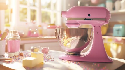Pastel pink stand mixer in a vibrant kitchen filled with baking supplies like sugar butter and sprinkles with sunlight streaming in adding a cheerful touch to the baking scene