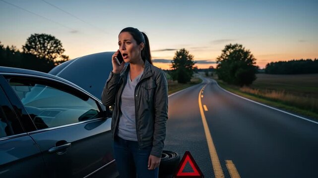 Woman Calling for Roadside Assistance at Dusk - A worried woman stands next to her broken-down car on a rural road at sunset, using her cellphone to call for help.