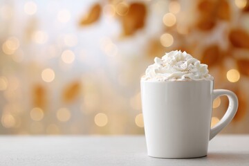 Warm mug filled with whipped cream, surrounded by soft autumn hu