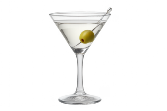 Martini cocktail glass with green olive and stirrer on transparent background