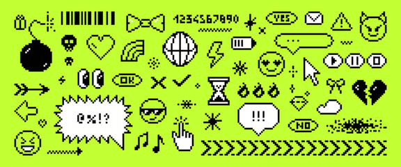 Set of pixel art creative elements in retro 8 bit style. Collection of pixelated speech bubble, heart, star, sparkle, emoji, bomb, planet, bow, skull, cursor, eyes, different icons, nostalgia design.