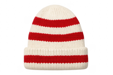 Knitted winter beanie with red and white stripes on transparent background