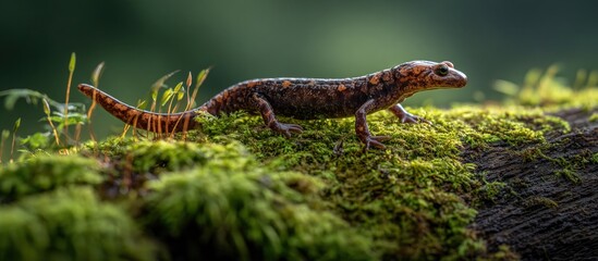 Vibrant Lizard on Mossy Log Surrounded by Greenery in Nature
