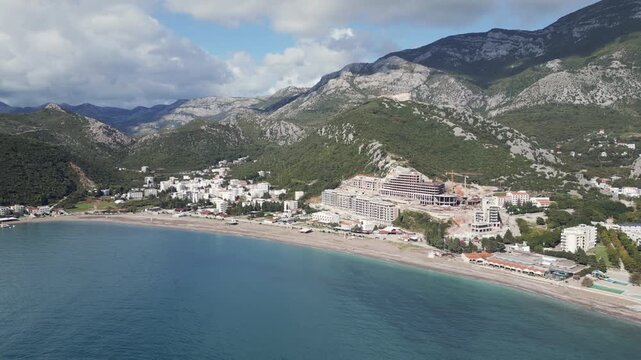 Aerial video of Canj, a tourist town located in southern Montenegro.. Panoramic view.