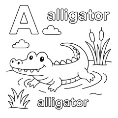 Coloring page featuring an alligator with the letter a, clouds, reeds, and the word alligator twice