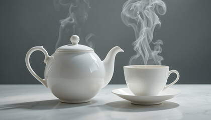 Fototapeta premium Teapot with cup and saucer on a table isolated white porcelain tea set