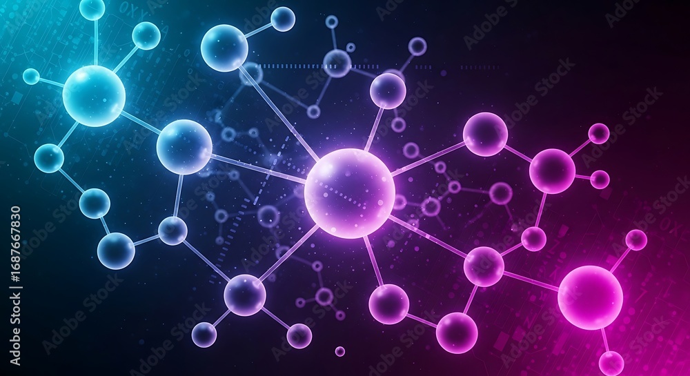 Poster molecular structure with interconnected spheres and lines, illuminated by vibrant blue and pink hues