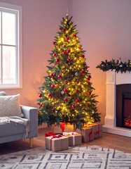 Festive Christmas Tree with Red Ornaments and Gifts in a Cozy Home Interior
