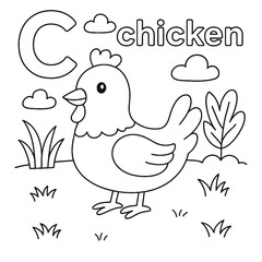 A black and white illustration of a chicken with the letter c and clouds on a grassy background