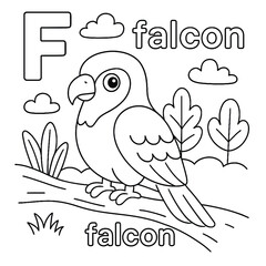 Illustration of a falcon perched on a branch with the letter f and the word falcon around it