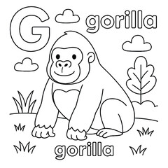 Coloring page of a gorilla with the letter g and the word gorilla in a simple cartoon style art