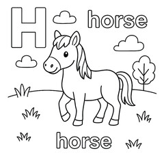 Coloring page of a horse with the letter h clouds and grass in a simple cartoon style illustration