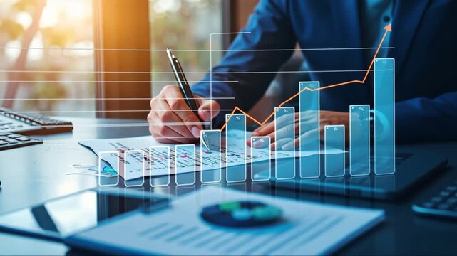 Man is writing on a piece of paper with a pen. The paper has a graph on it, and the man is writing on it. The graph shows a line that is going up, which could represent a positive trend or growth