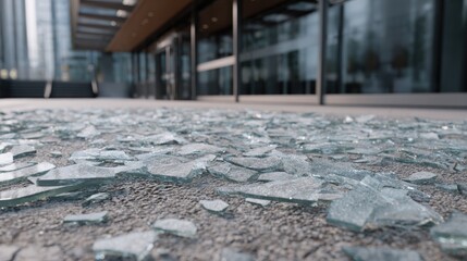 Shattered glass scattered on ground reflects urban environment d
