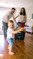Obraz premium Family packing for a trip. A baby takes their first steps while parents pack luggage