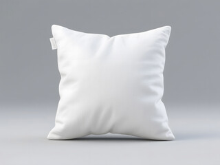 Minimal plain white pillow with side tag on grey background in studio setting