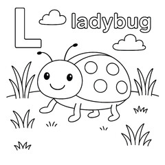 Line art of ladybug with the letter l and clouds in a field of grass for coloring book page