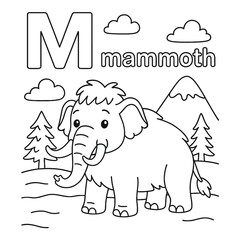 Coloring page of a mammoth with the letter m clouds trees and a mountain in a simple line drawing style
