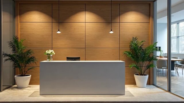 Modern office space with a large reception desk and two potted plants. The reception desk is surrounded by a white carpet and has a vase of flowers on it. The room is well-lit and has a clean
