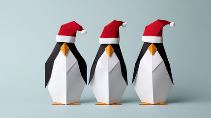 Obraz premium Three festive origami penguins wearing Santa hats, showcasing a playful and creative holiday spirit.