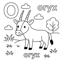 Coloring page of an oryx with letter o, clouds, tree, and grass in a simple cartoon style design