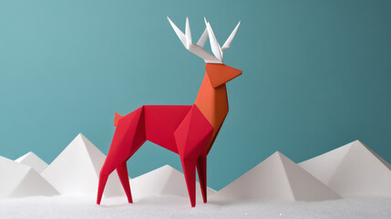 Obraz premium A vibrant geometric deer model stands against a teal backdrop, surrounded by white paper mountains, creating a playful winter scene.