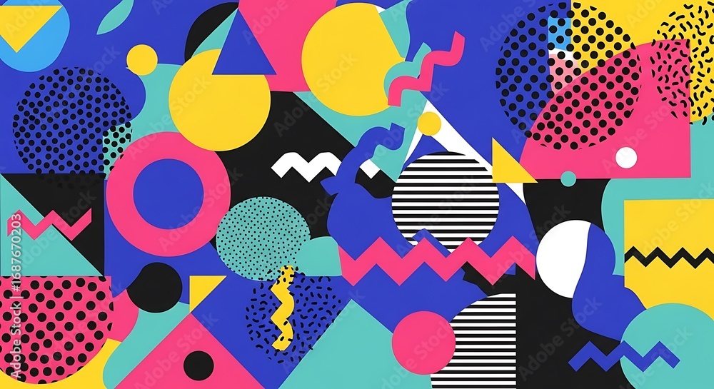 Poster vibrant and dynamic, this abstract background features a playful composition of geometric shapes in 