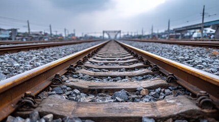 Naklejka premium Railroad tracks stretching into the distance under a cloudy sky, symbolizing journeys, infrastructure, and the path forward.