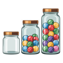 Three glass jars with colorful gumballs and one empty jar