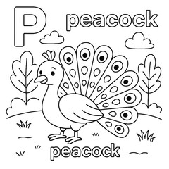 A coloring page featuring a peacock with letter p, clouds and trees in a simple cartoon style