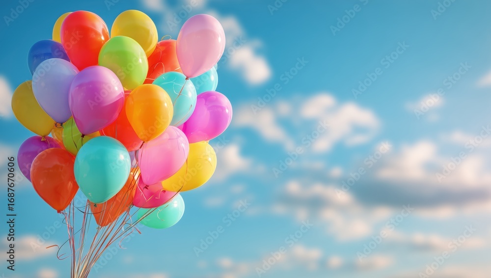 Poster colorful balloons floating in the sky against a background with copy space for text, a banner design