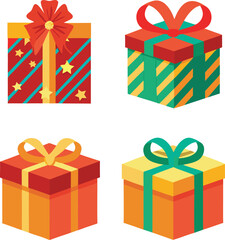 A festive set of colorful gift boxes with ribbons and bows for any holiday or birthday celebration