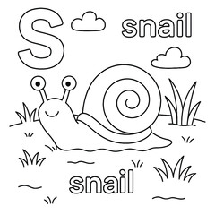 A coloring page featuring a snail with the letter s clouds and grass in a simple line drawing