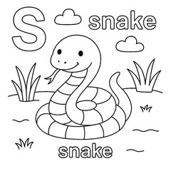 Fototapeta premium Coloring page of a cartoon snake with the letter s clouds and grass in a simple black and white style