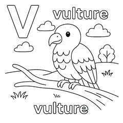 Coloring page of a vulture perched on a branch with letter v and clouds in black and white outline