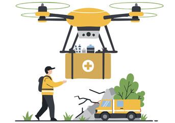 A drone delivers medical supplies to a disaster zone, assisted by a relief worker.  Illustrative, modern design.  Focus on smart relief flow.